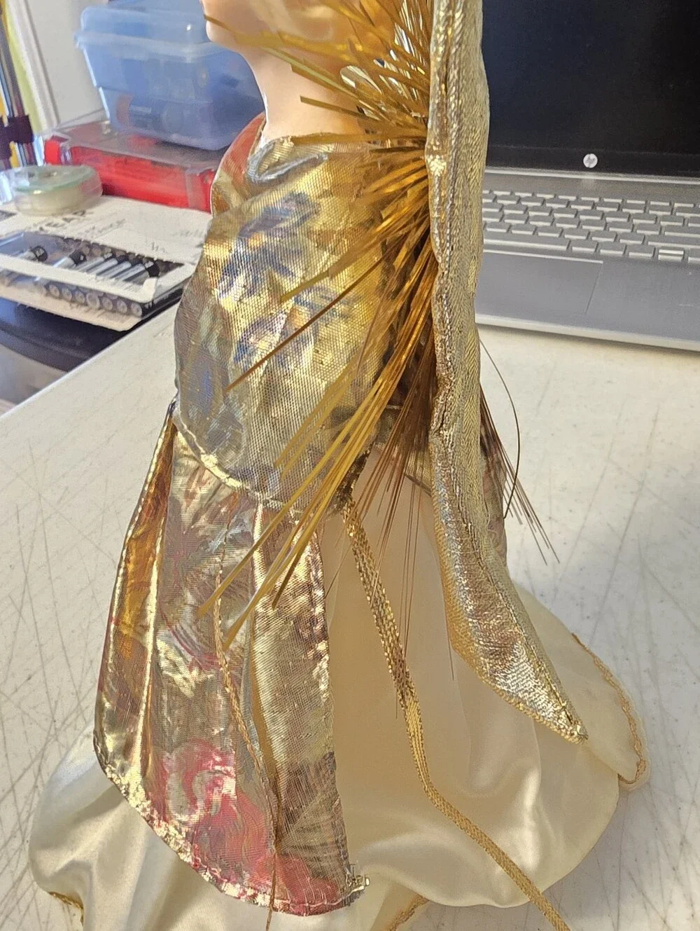 Vintage Porcelain Christmas Angel Tree Topper Elegant Gold Color 10.5